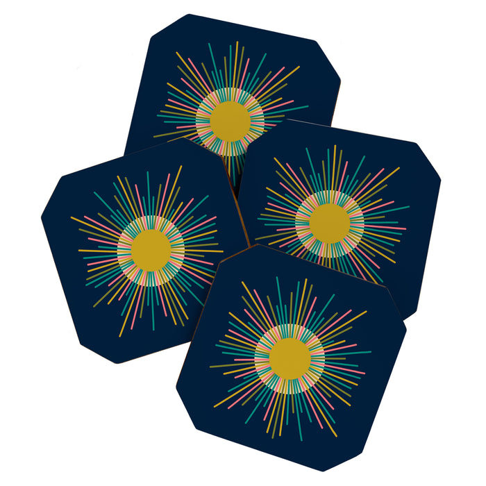 Mid Century Modern Colorful Sunburst Sun on Navy Blue Coaster Gallery Image 1