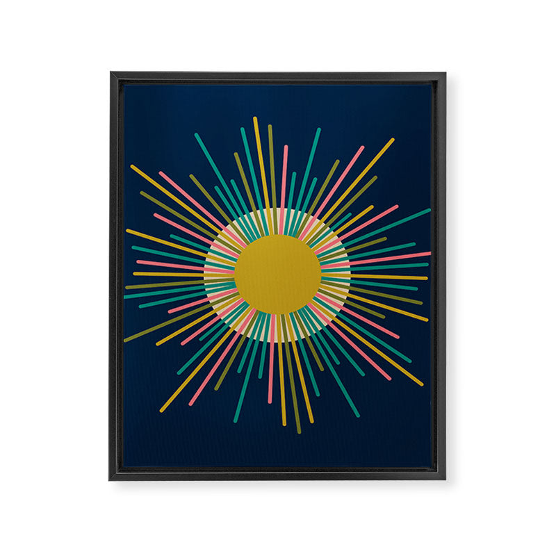 Mid Century Modern Colorful Sunburst Sun on Navy Blue Framed Canvas Print Gallery Image 8