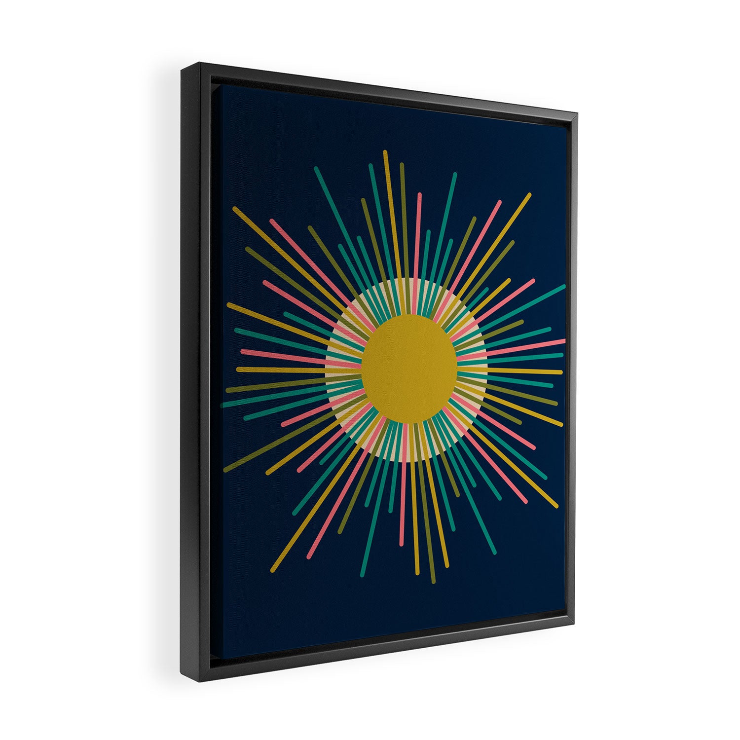 Mid Century Modern Colorful Sunburst Sun on Navy Blue Framed Canvas Print Gallery Image 2