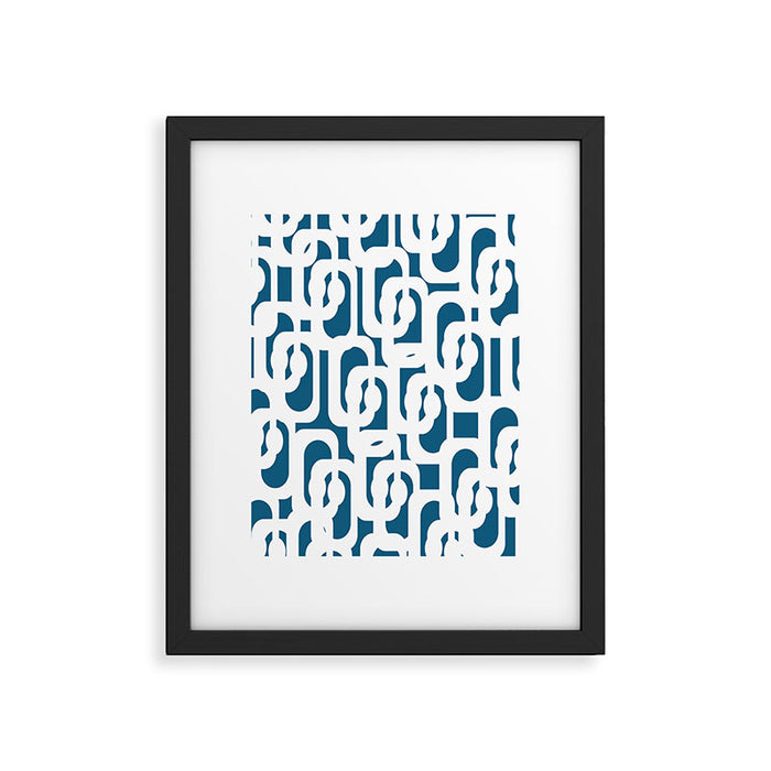 Mid Century Modern Contemporary Loops Blue and White Pattern Framed Art Print Gallery Image 1