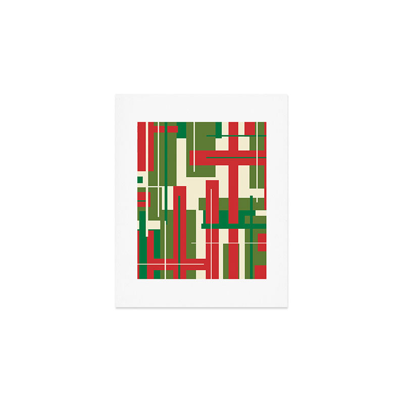 Mid Century Modern Deconstructed Christmas Plaid Pattern in Retro Red, Olive Green, and Xmas Cream Art Print Gallery Image 1