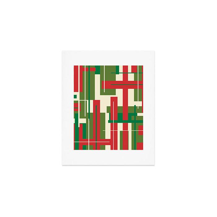 Mid Century Modern Deconstructed Christmas Plaid Pattern in Retro Red, Olive Green, and Xmas Cream Art Print Gallery Image 1