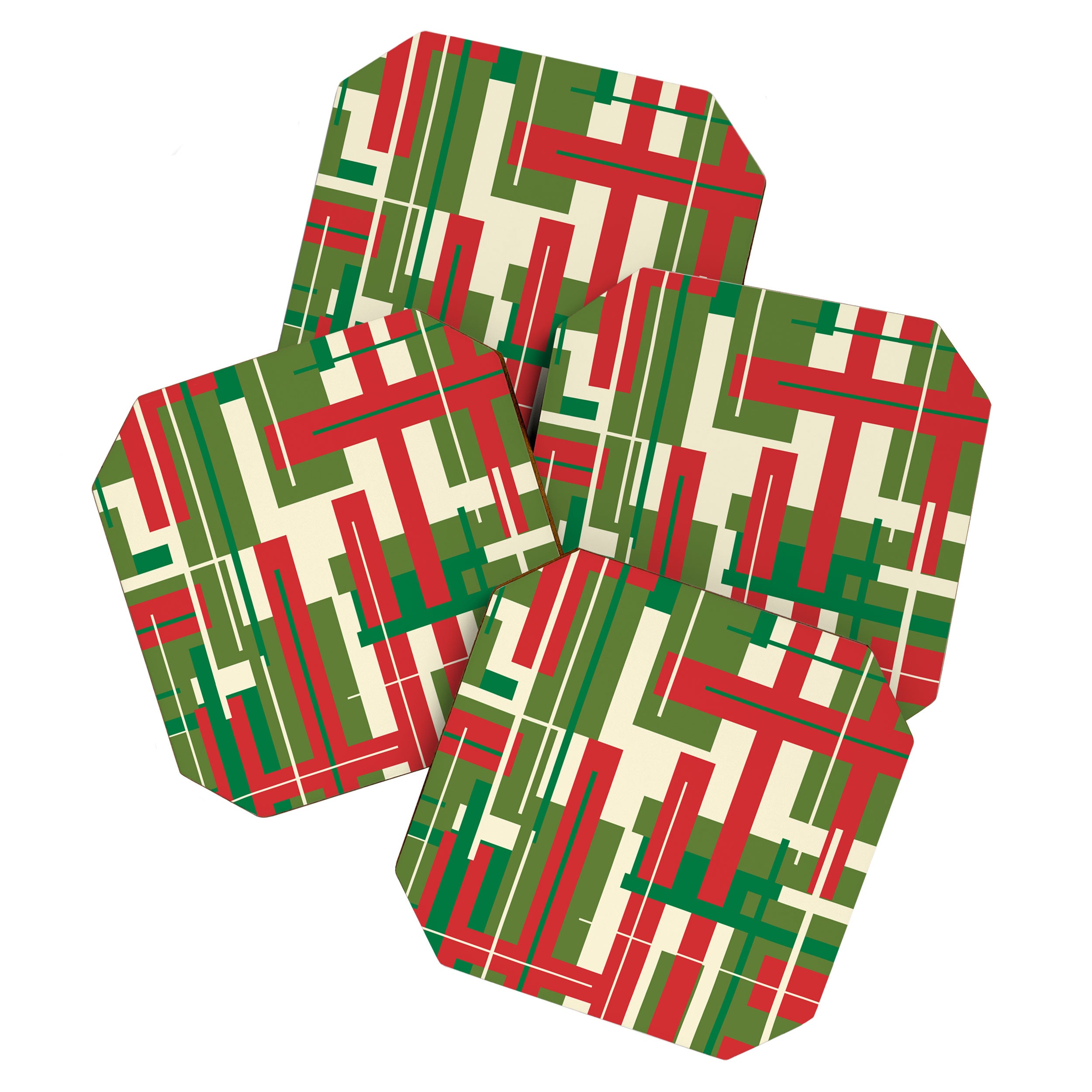 Mid Century Modern Deconstructed Christmas Plaid Pattern in Retro Red, Olive Green, and Xmas Cream Coaster Gallery Image 1