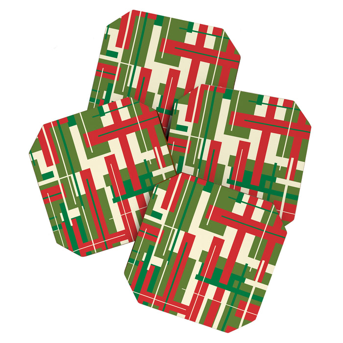 Mid Century Modern Deconstructed Christmas Plaid Pattern in Retro Red, Olive Green, and Xmas Cream Coaster Gallery Image 1