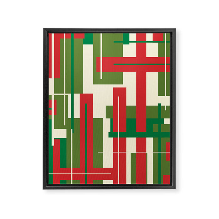 Mid Century Modern Deconstructed Christmas Plaid Pattern in Retro Red, Olive Green, and Xmas Cream Framed Canvas Print Gallery Image 1