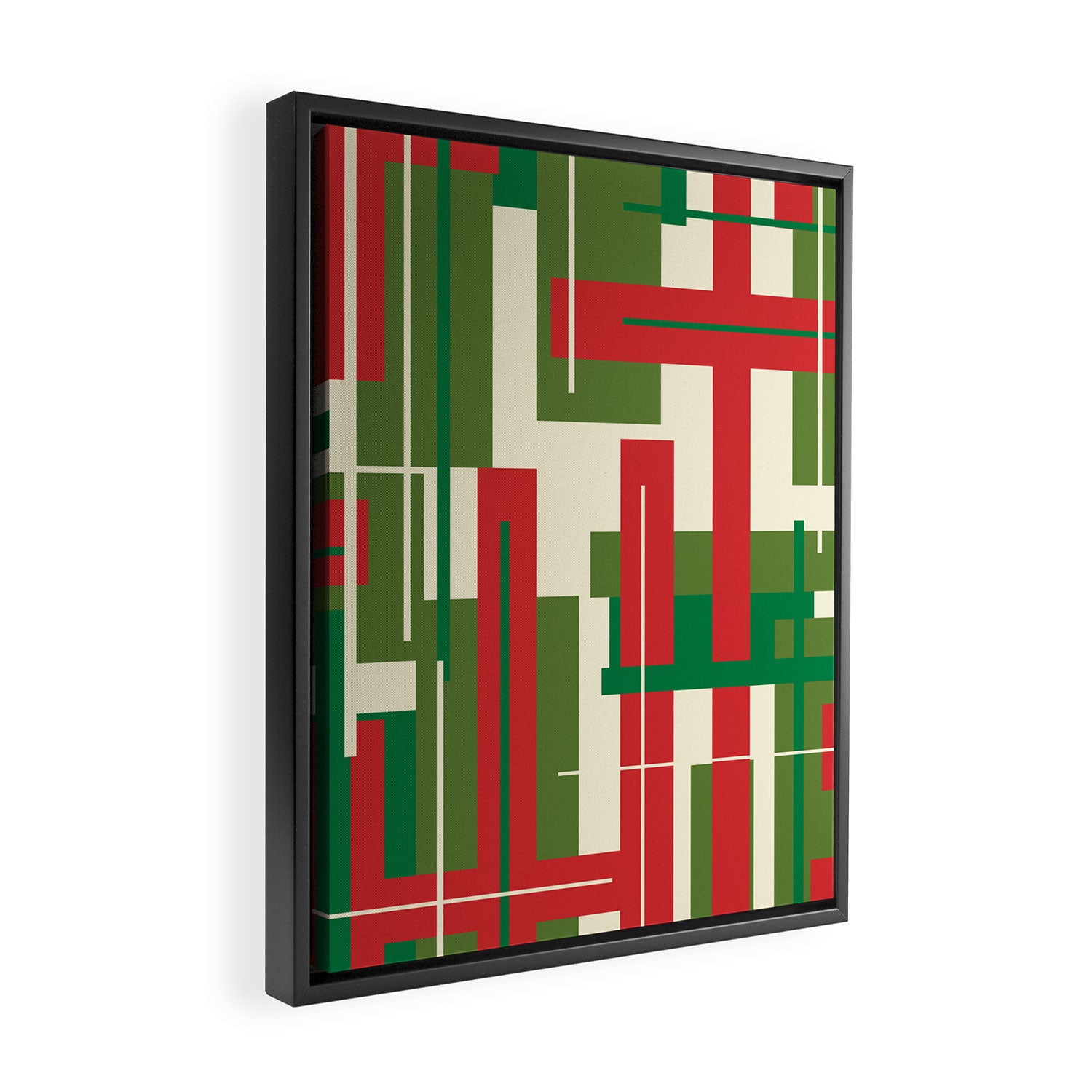 Mid Century Modern Deconstructed Christmas Plaid Pattern in Retro Red, Olive Green, and Xmas Cream Framed Canvas Print Gallery Image 2