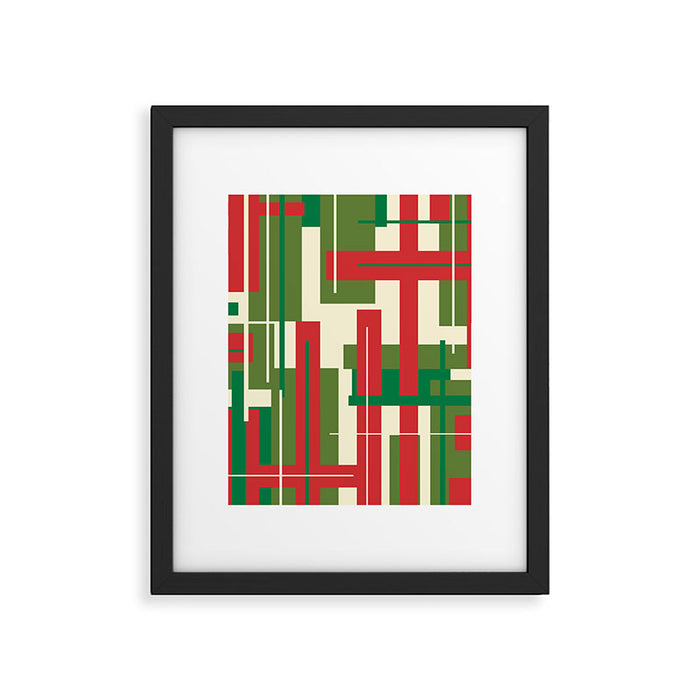 Mid Century Modern Deconstructed Christmas Plaid Pattern in Retro Red, Olive Green, and Xmas Cream Framed Art Print Gallery Image 1