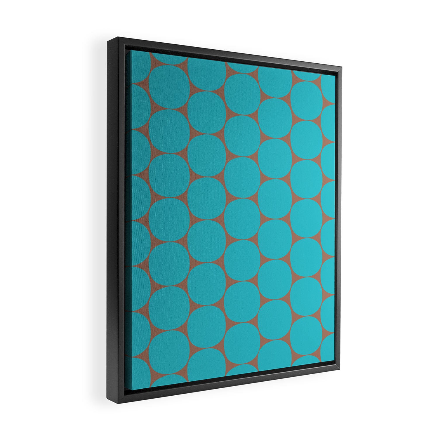 Mid Century Modern Dots Pattern in Turquoise Blue and Mocha Brown Framed Canvas Print Gallery Image 2