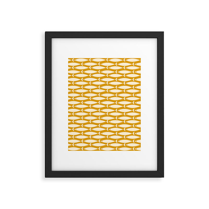 Mid Century Modern Fish Geometric Pattern in Mustard Framed Art Print Gallery Image 6