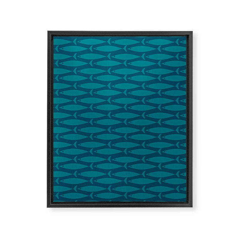 Mid Century Modern Fish Minimalist Geo Pattern in Teal Blue Framed Canvas Print Gallery Image 8