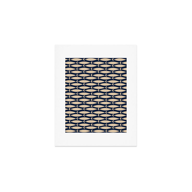 Mid Century Modern Fish Minimalist Pattern in Mid Mod Navy Blue and Beige Art Print Gallery Image 1