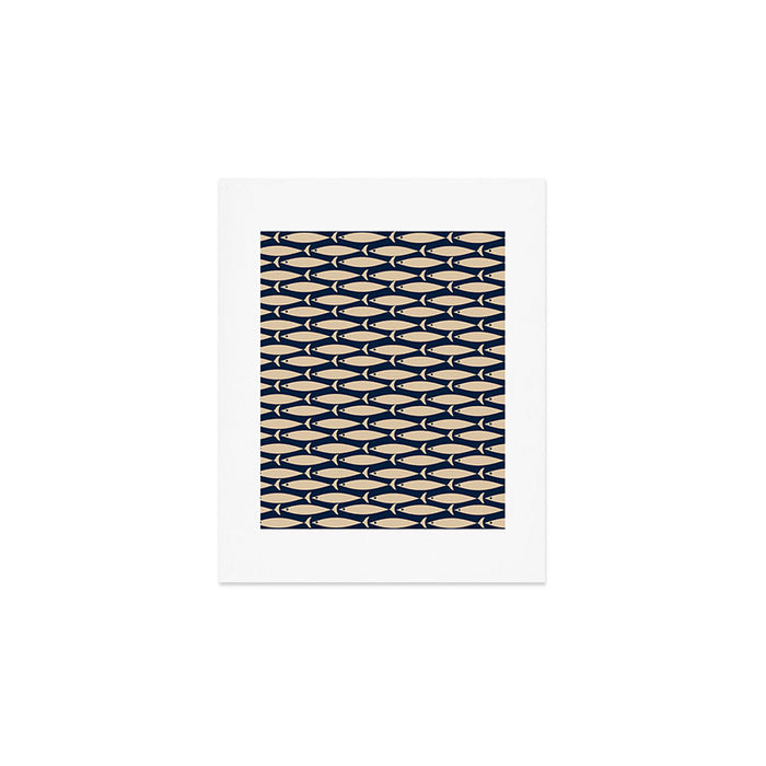 Mid Century Modern Fish Minimalist Pattern in Mid Mod Navy Blue and Beige Art Print Gallery Image 1