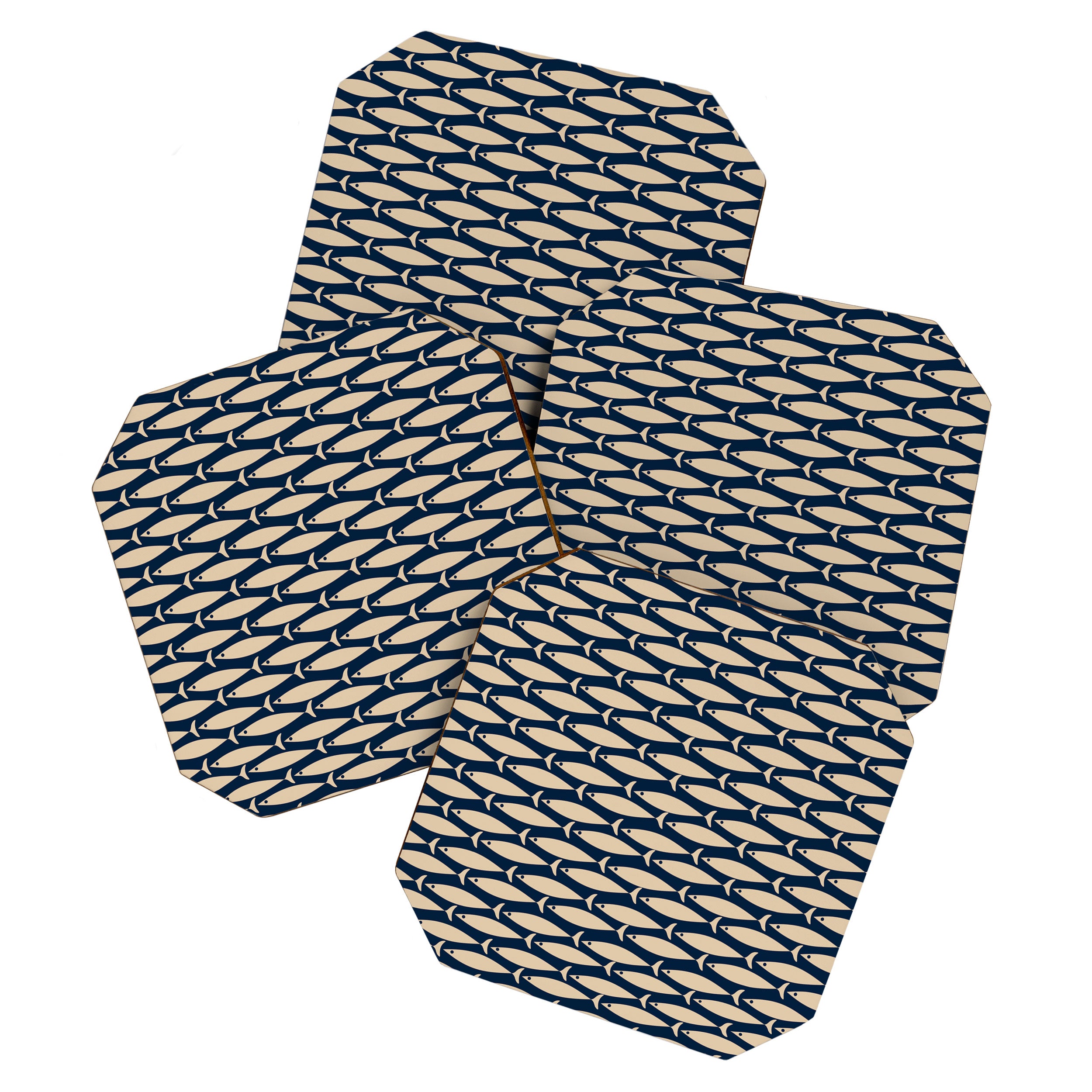 Mid Century Modern Fish Minimalist Pattern in Mid Mod Navy Blue and Beige Coaster Gallery Image 1