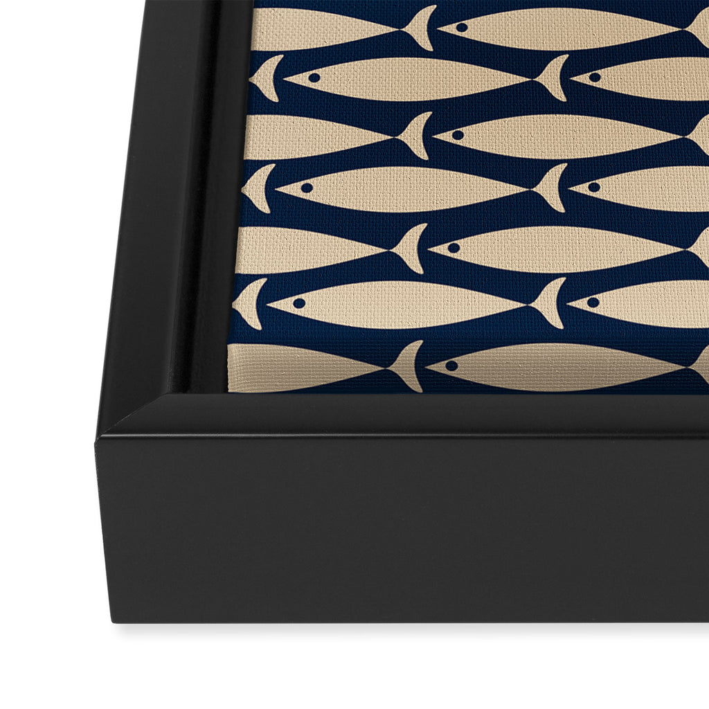 Mid Century Modern Fish Minimalist Pattern in Mid Mod Navy Blue and Beige Framed Canvas Print Gallery Image 3