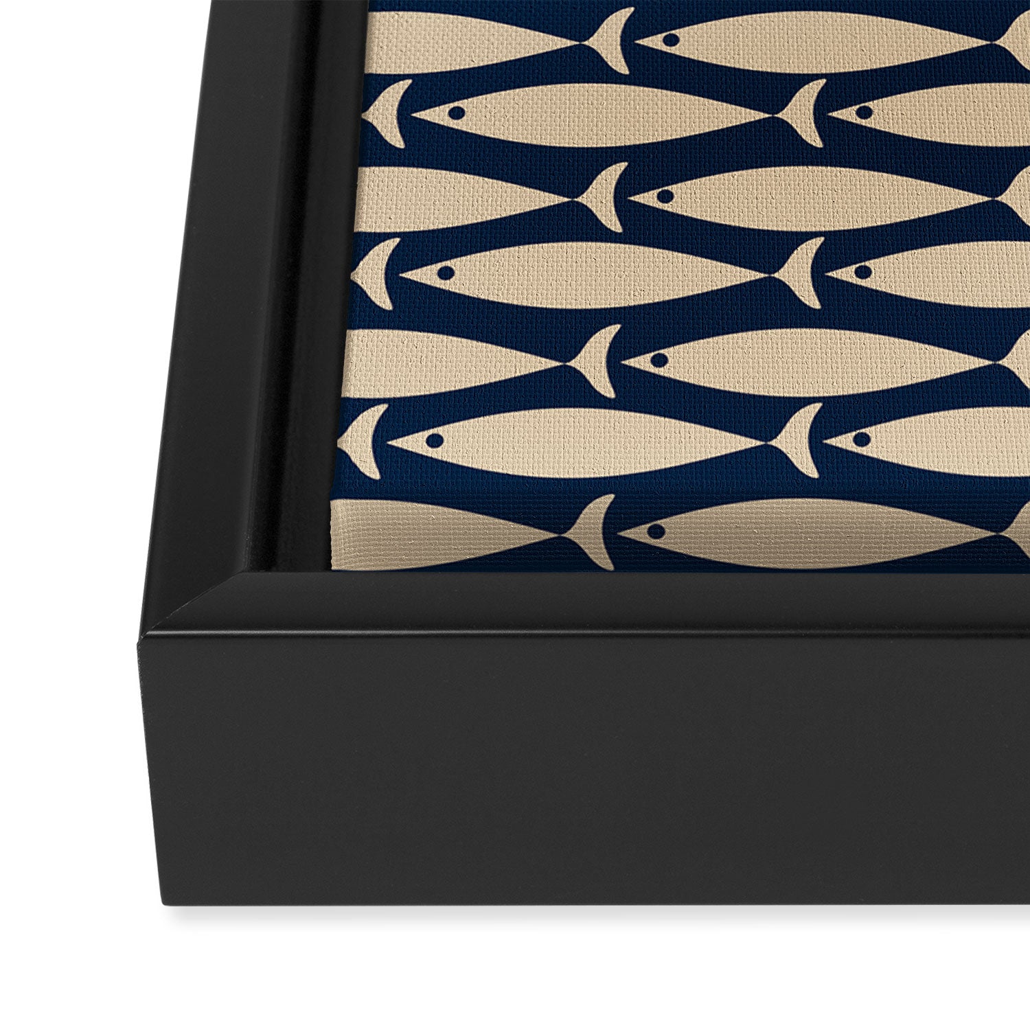 Mid Century Modern Fish Minimalist Pattern in Mid Mod Navy Blue and Beige Framed Canvas Print Gallery Image 3