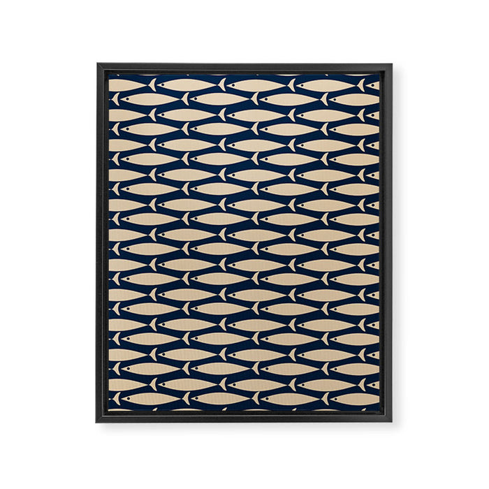 Mid Century Modern Fish Minimalist Pattern in Mid Mod Navy Blue and Beige Framed Canvas Print Gallery Image 1