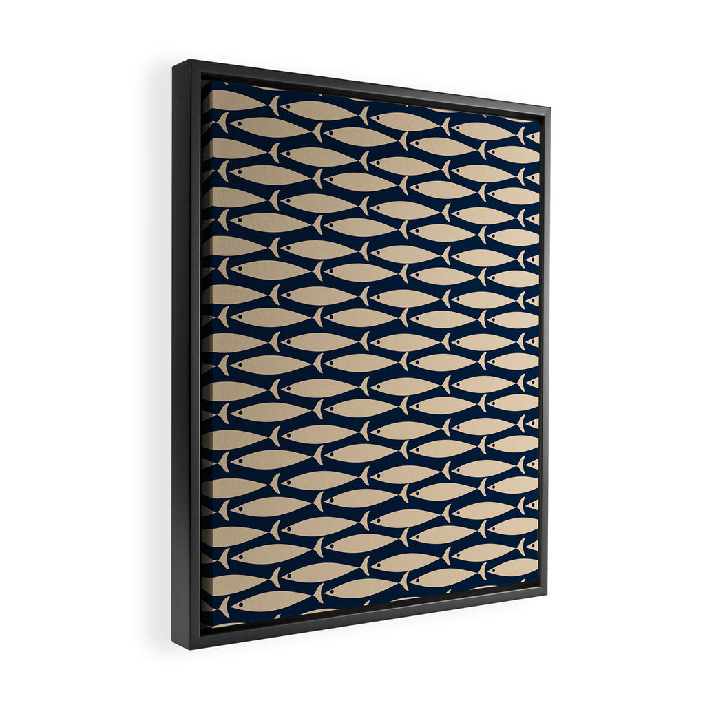 Mid Century Modern Fish Minimalist Pattern in Mid Mod Navy Blue and Beige Framed Canvas Print Gallery Image 2