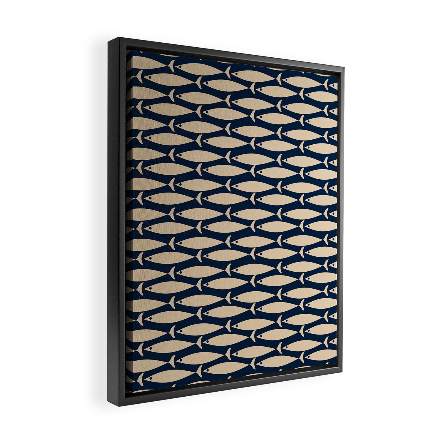 Mid Century Modern Fish Minimalist Pattern in Mid Mod Navy Blue and Beige Framed Canvas Print Gallery Image 2