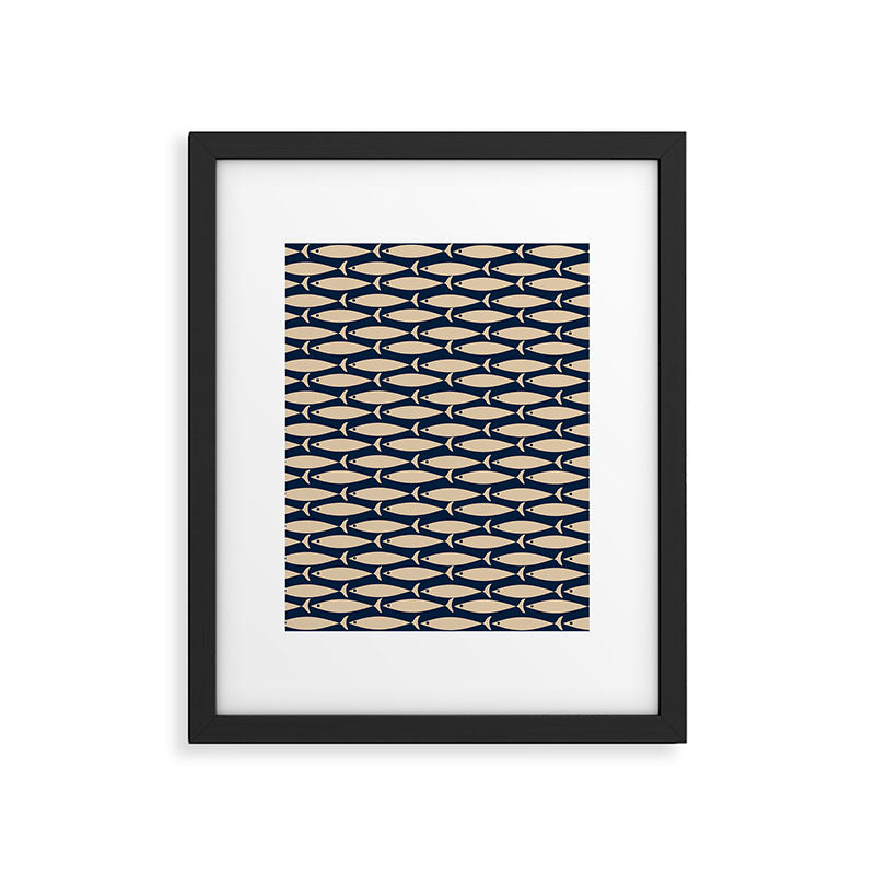 Mid Century Modern Fish Minimalist Pattern in Mid Mod Navy Blue and Beige Framed Art Print Gallery Image 6