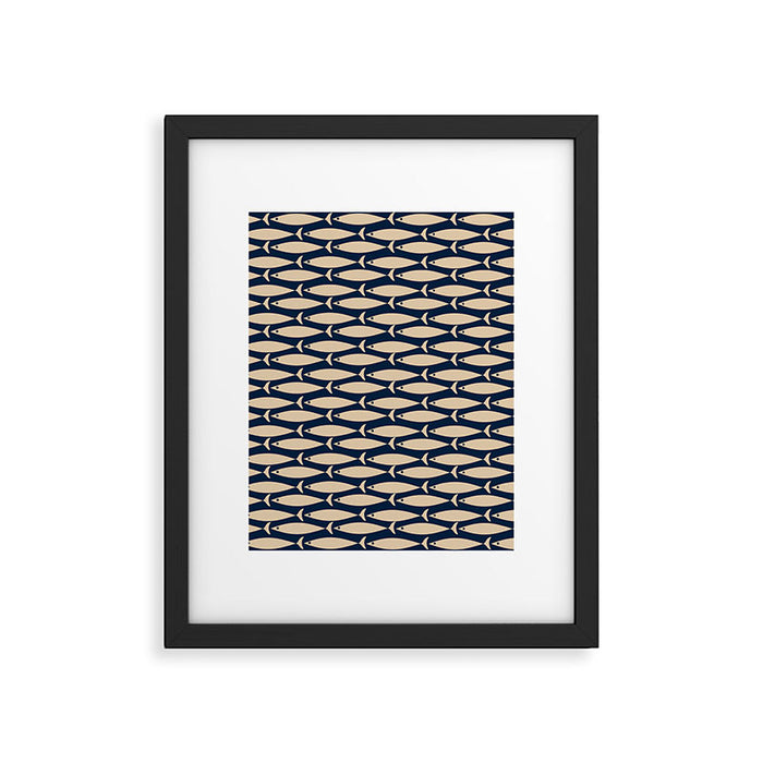 Mid Century Modern Fish Minimalist Pattern in Mid Mod Navy Blue and Beige Framed Art Print Gallery Image 1