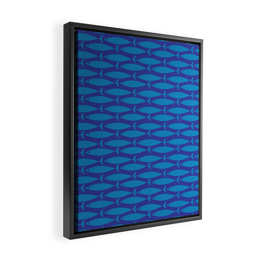 Mid Century Modern Fish Pattern in Double Blue Framed Canvas Print Gallery Image 2
