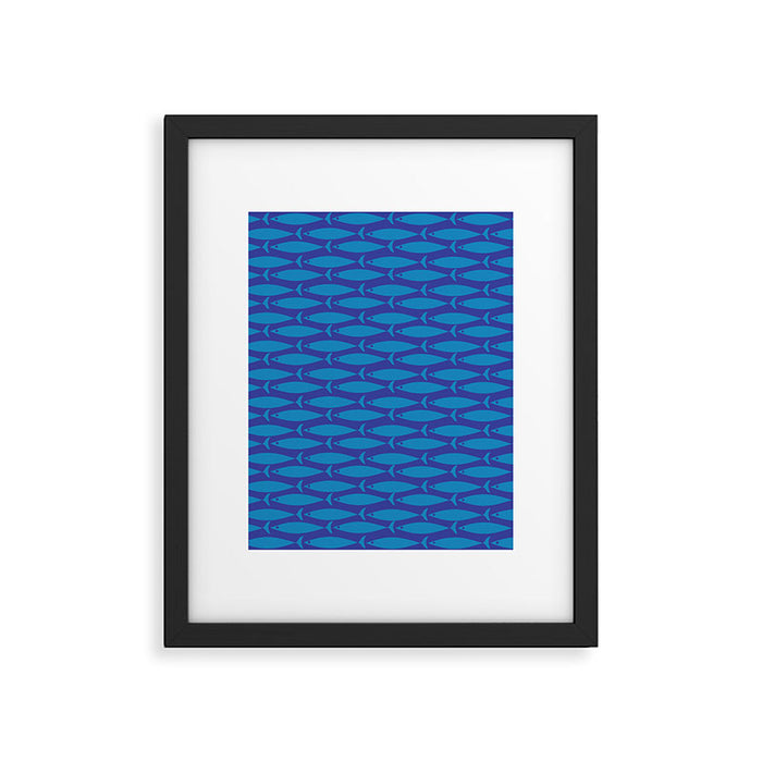 Mid Century Modern Fish Pattern in Double Blue Framed Art Print Gallery Image 1