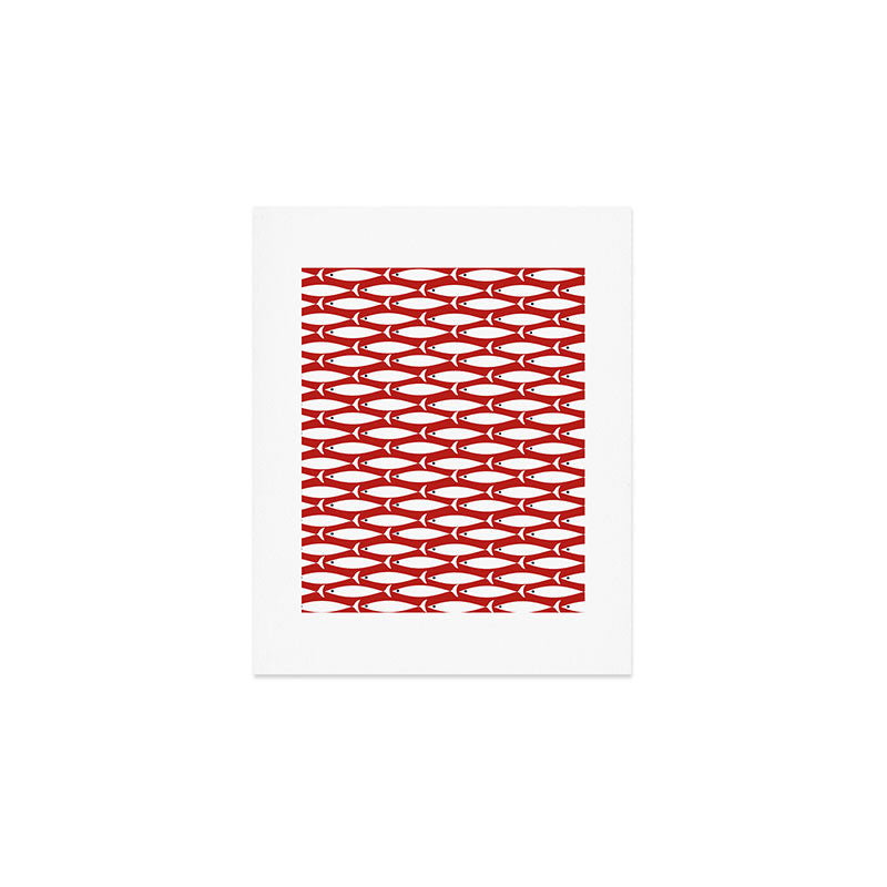 Mid Century Modern Fish Pattern in Red, White, and Nautical Navy Blue Art Print Gallery Image 1