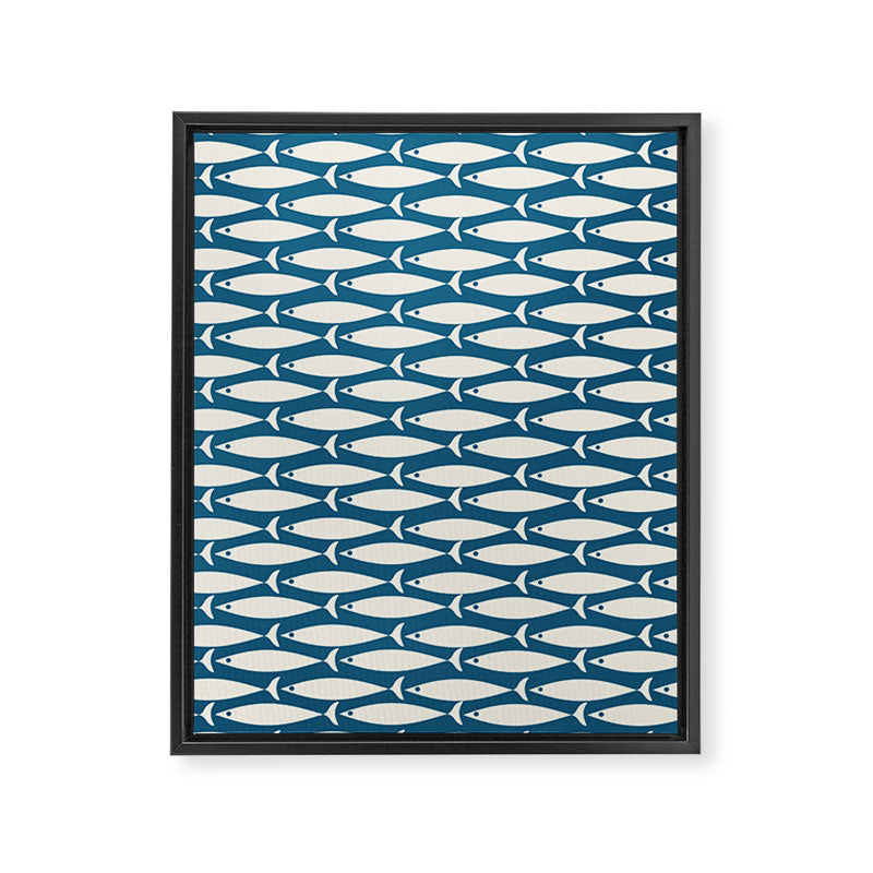 Mid Century Modern Fish Pattern in Teal Blue and Cream Framed Canvas Print Gallery Image 8
