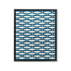 Mid Century Modern Fish Pattern in Teal Blue and Cream Framed Canvas Print Gallery Image 8
