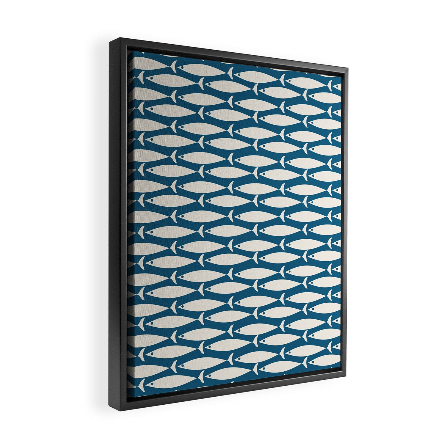 Mid Century Modern Fish Pattern in Teal Blue and Cream Framed Canvas Print Gallery Image 2
