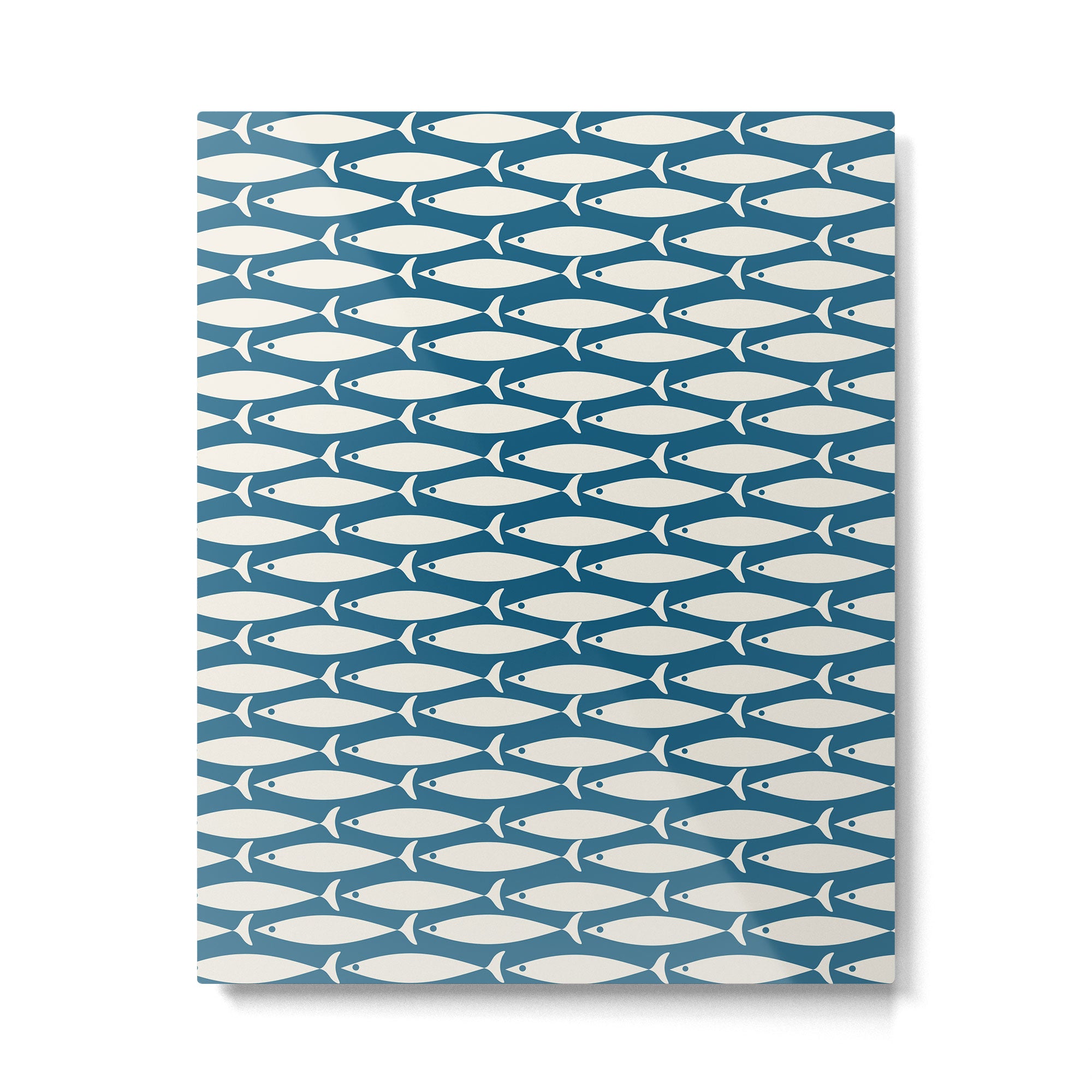 Mid Century Modern Fish Pattern in Teal Blue and Cream Metal Print Gallery Image 6