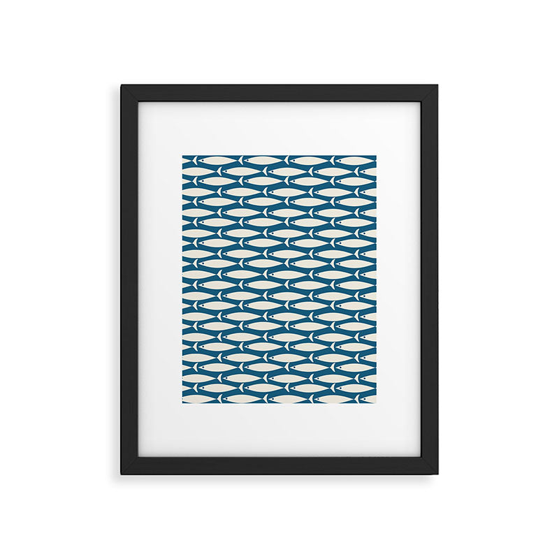 Mid Century Modern Fish Pattern in Teal Blue and Cream Framed Art Print Gallery Image 6