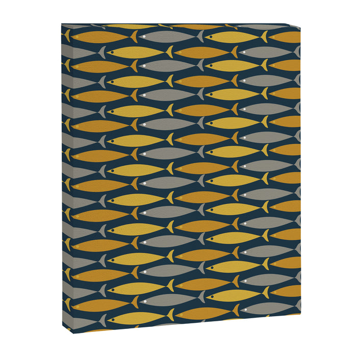 Mid Century Modern Fish Stripes Pattern in Light Mustard, Dark Mustard, Grey, and Navy Blue Canvas Print Gallery Image 1