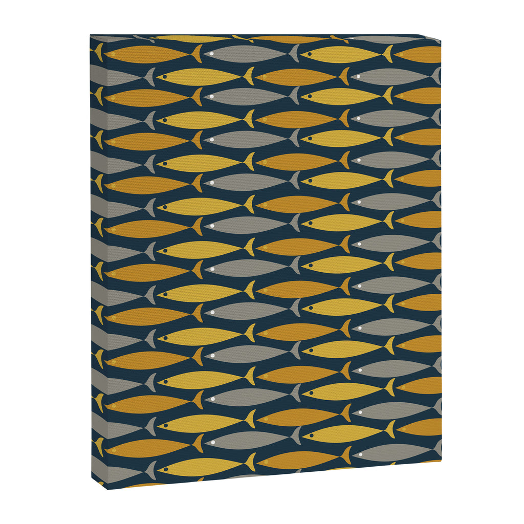 Mid Century Modern Fish Stripes Pattern in Light Mustard, Dark Mustard, Grey, and Navy Blue Canvas Print Gallery Image 8