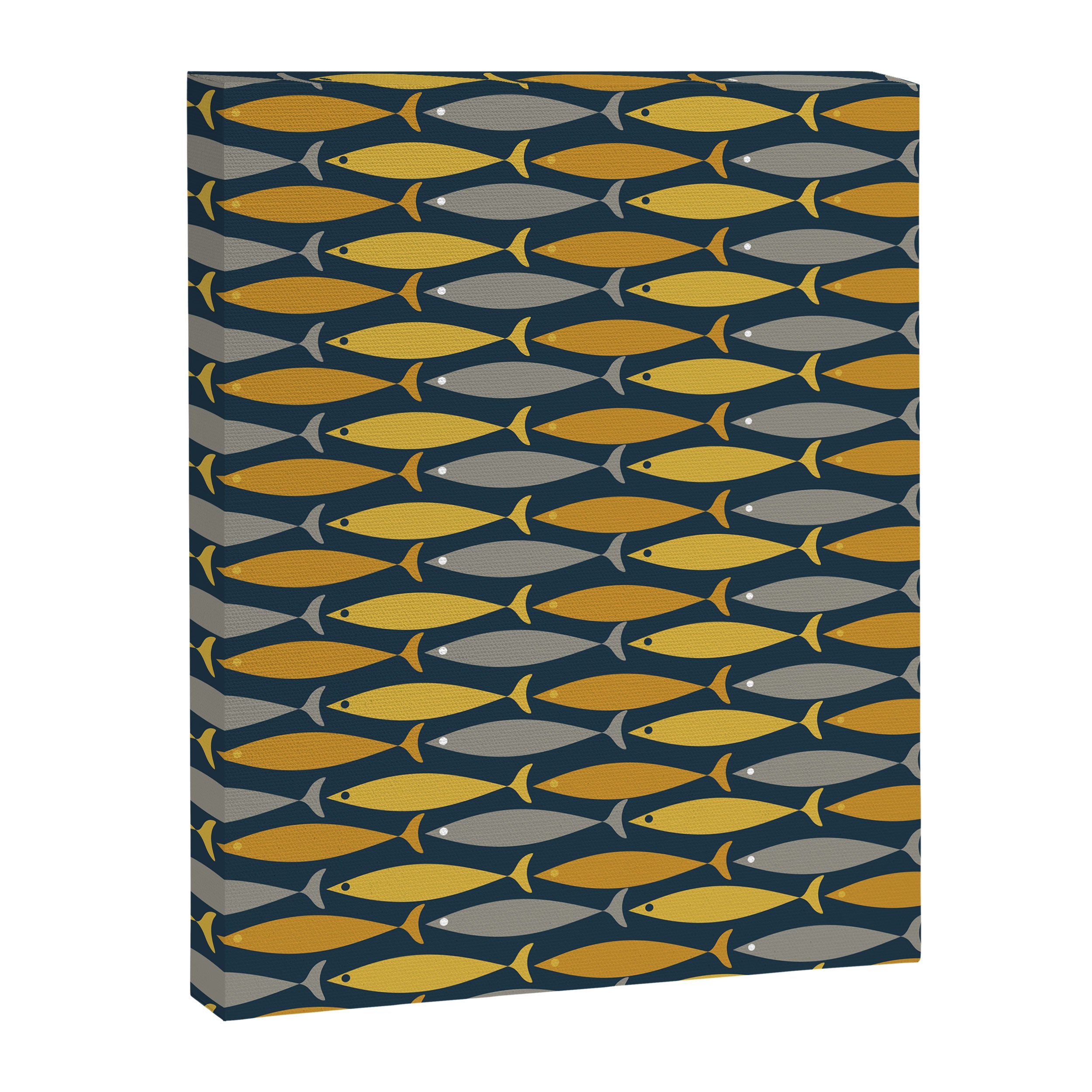 Mid Century Modern Fish Stripes Pattern in Light Mustard, Dark Mustard, Grey, and Navy Blue Canvas Print Gallery Image 8
