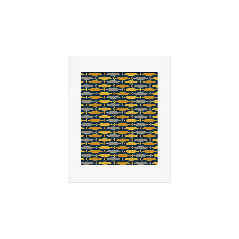 Mid Century Modern Fish Stripes Pattern in Light Mustard, Dark Mustard, Grey, and Navy Blue Art Print Gallery Image 1