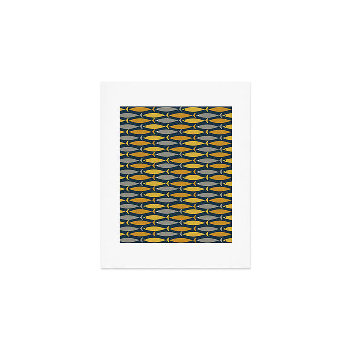 Mid Century Modern Fish Stripes Pattern in Light Mustard, Dark Mustard, Grey, and Navy Blue Art Print Gallery Image 1