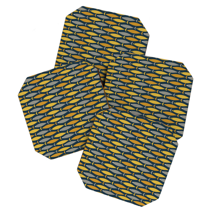 Mid Century Modern Fish Stripes Pattern in Light Mustard, Dark Mustard, Grey, and Navy Blue Coaster Gallery Image 1