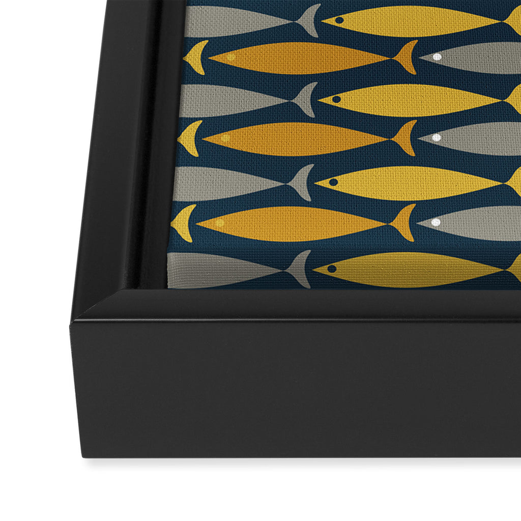 Mid Century Modern Fish Stripes Pattern in Light Mustard, Dark Mustard, Grey, and Navy Blue Framed Canvas Print Gallery Image 3