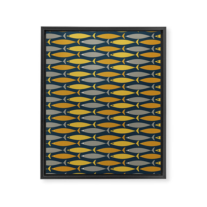 Mid Century Modern Fish Stripes Pattern in Light Mustard, Dark Mustard, Grey, and Navy Blue Framed Canvas Print Gallery Image 1