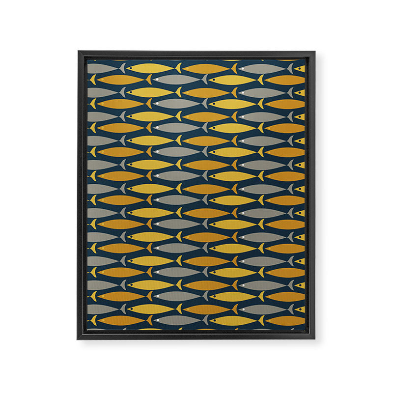 Mid Century Modern Fish Stripes Pattern in Light Mustard, Dark Mustard, Grey, and Navy Blue Framed Canvas Print Gallery Image 8
