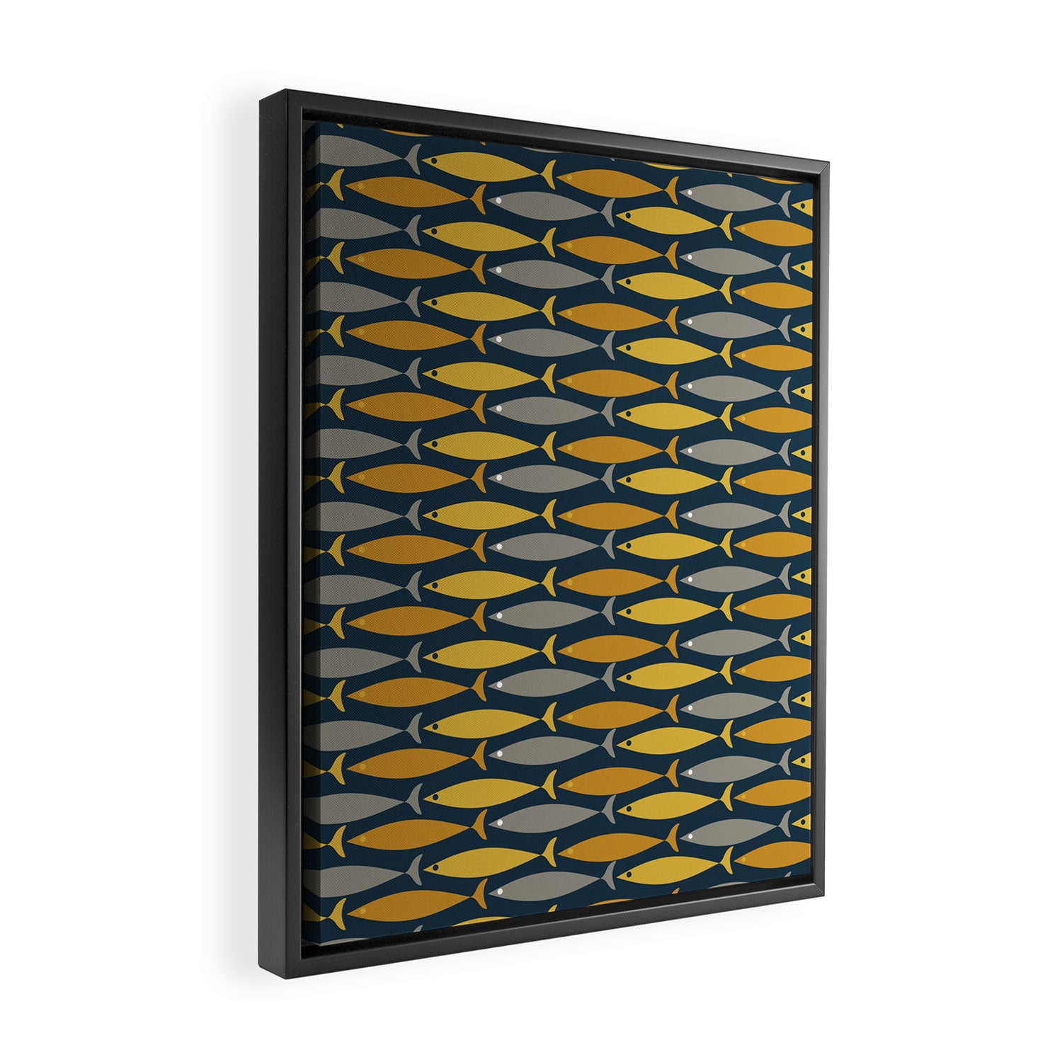 Mid Century Modern Fish Stripes Pattern in Light Mustard, Dark Mustard, Grey, and Navy Blue Framed Canvas Print Gallery Image 2