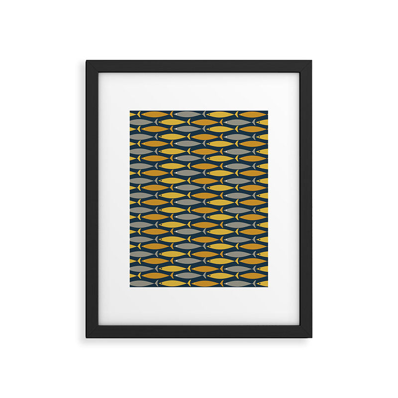 Mid Century Modern Fish Stripes Pattern in Light Mustard, Dark Mustard, Grey, and Navy Blue Framed Art Print Gallery Image 6