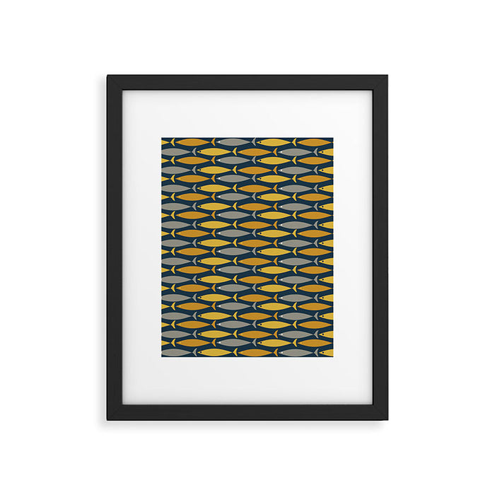 Mid Century Modern Fish Stripes Pattern in Light Mustard, Dark Mustard, Grey, and Navy Blue Framed Art Print Gallery Image 1