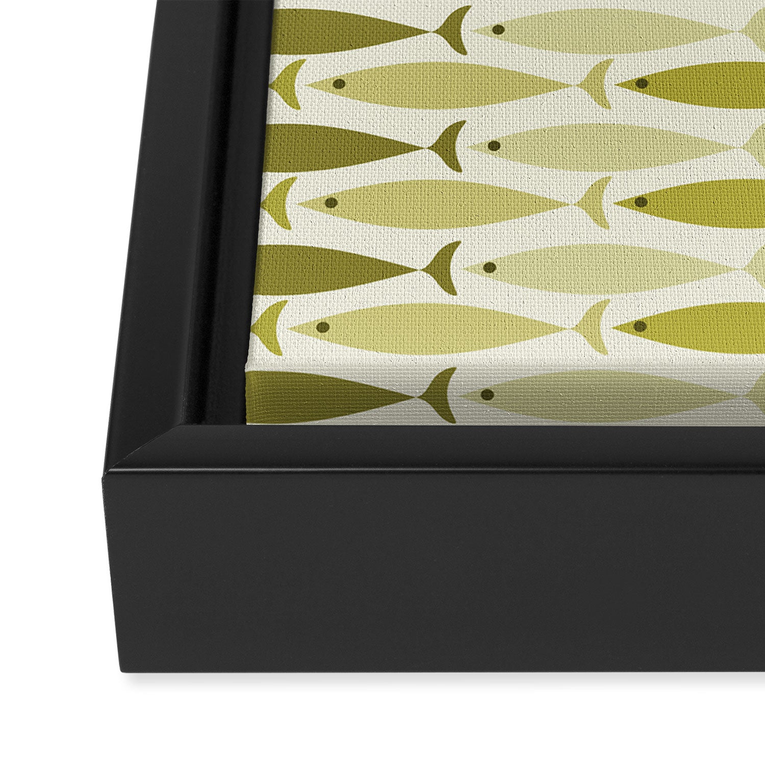 Mid Century Modern Fish Stripe Pattern in Olive Khaki Green Tones Framed Canvas Print Gallery Image 3