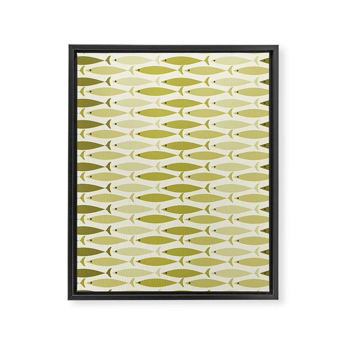 Mid Century Modern Fish Stripe Pattern in Olive Khaki Green Tones Framed Canvas Print Gallery Image 1