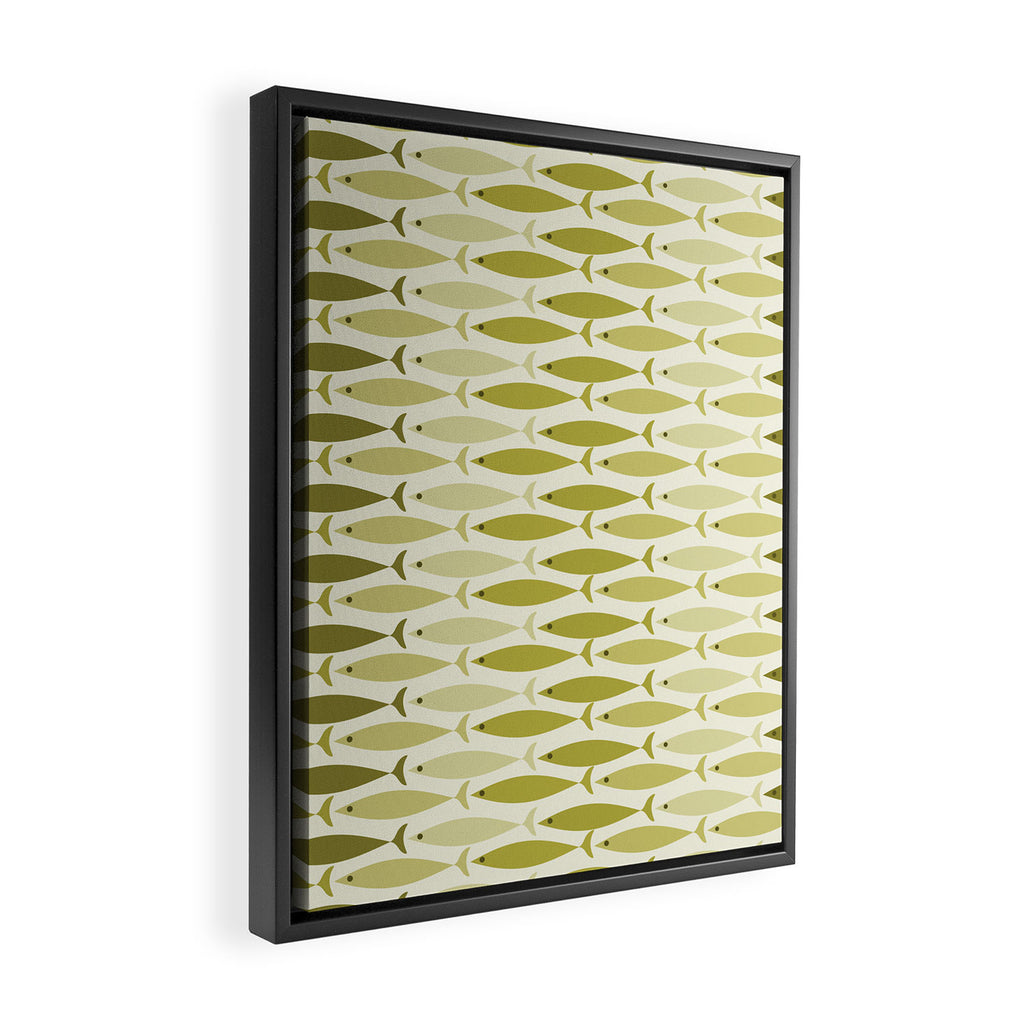 Mid Century Modern Fish Stripe Pattern in Olive Khaki Green Tones Framed Canvas Print Gallery Image 2
