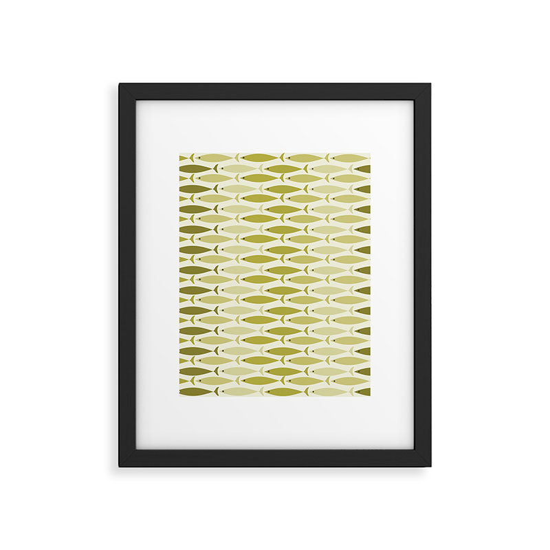 Mid Century Modern Fish Stripe Pattern in Olive Khaki Green Tones Framed Art Print Gallery Image 6