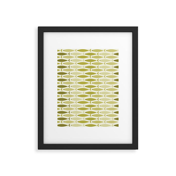 Mid Century Modern Fish Stripe Pattern in Olive Khaki Green Tones Framed Art Print Gallery Image 1