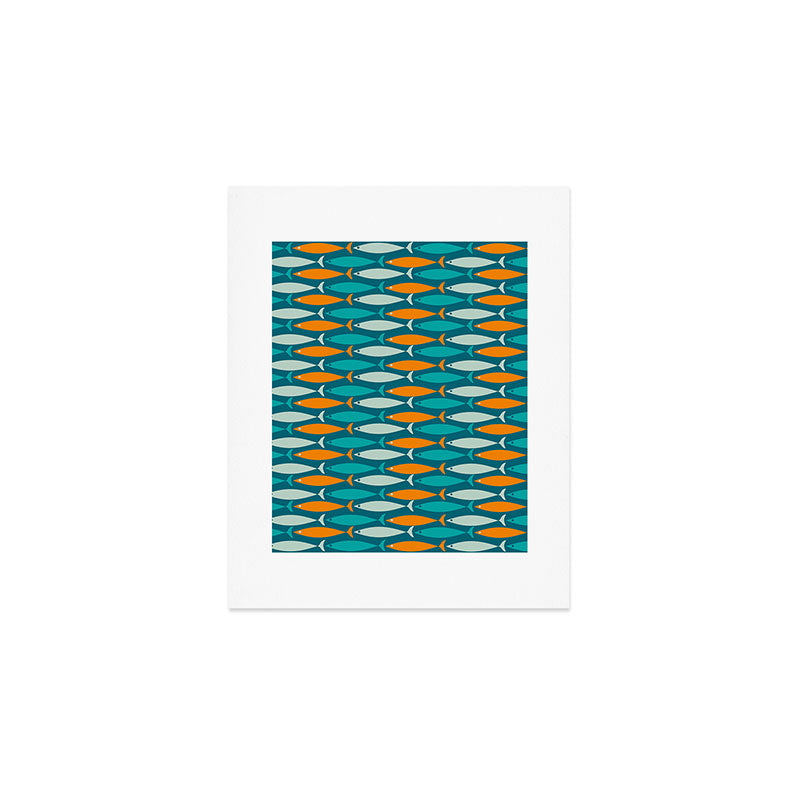 Mid Century Modern Fish Stripes Pattern Turquoise Orange Aqua Teal Art Print Gallery Image 1